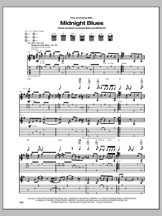 Allman Brothers Band Midnight Blues Sheet Music Notes & Chords for Guitar Tab - Download or Print PDF
