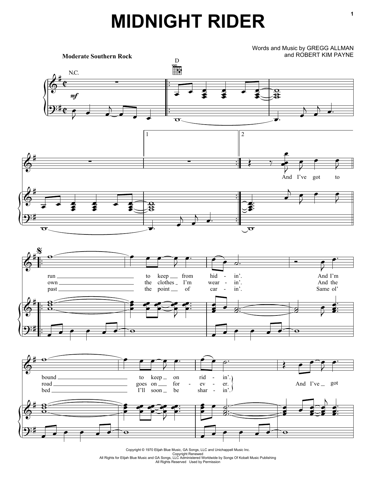 The Allman Brothers Band Midnight Rider Sheet Music Notes & Chords for Lyrics & Chords - Download or Print PDF