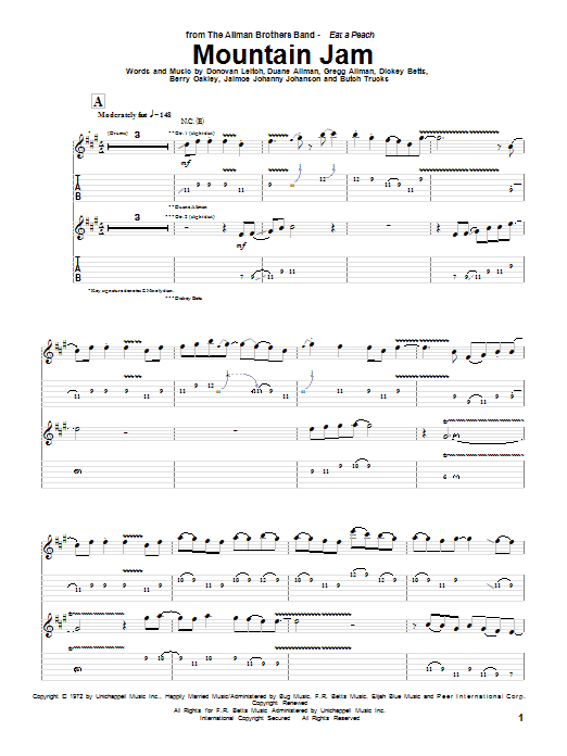 Allman Brothers Band Mountain Jam Sheet Music Notes & Chords for Guitar Tab - Download or Print PDF