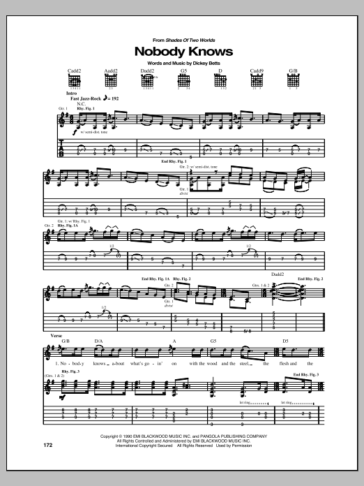 Allman Brothers Band Nobody Knows Sheet Music Notes & Chords for Guitar Tab - Download or Print PDF