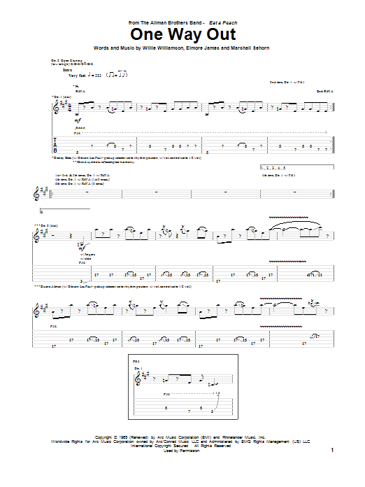 Allman Brothers Band One Way Out Sheet Music Notes & Chords for Guitar Tab Play-Along - Download or Print PDF