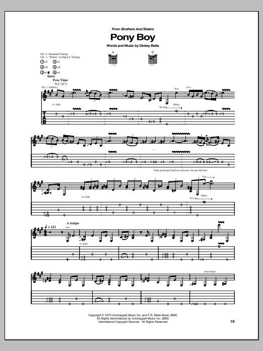 Allman Brothers Band Pony Boy Sheet Music Notes & Chords for Guitar Tab - Download or Print PDF