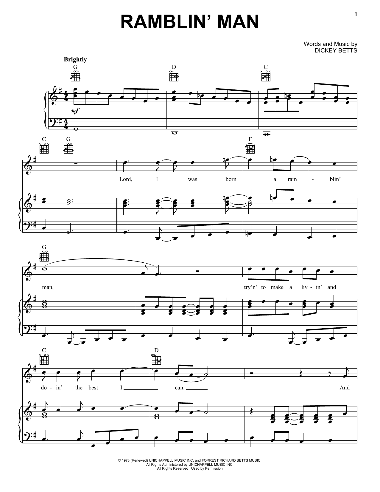 Allman Brothers Band Ramblin' Man Sheet Music Notes & Chords for Piano, Vocal & Guitar (Right-Hand Melody) - Download or Print PDF