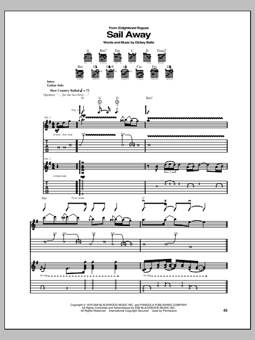 Allman Brothers Band Sail Away Sheet Music Notes & Chords for Guitar Tab - Download or Print PDF