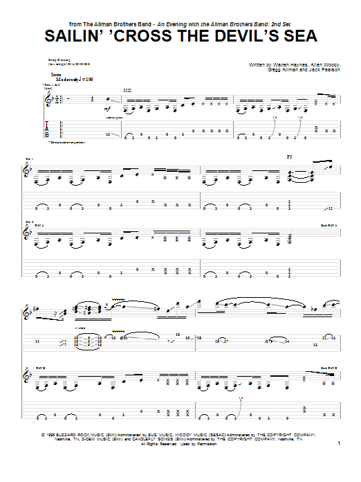 Allman Brothers Band Sailin' 'Cross The Devil's Sea Sheet Music Notes & Chords for Guitar Tab - Download or Print PDF