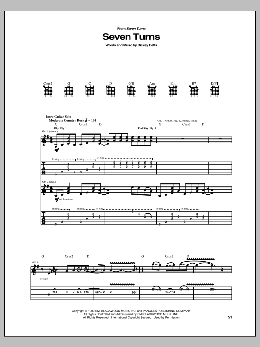Allman Brothers Band Seven Turns Sheet Music Notes & Chords for Guitar Tab - Download or Print PDF