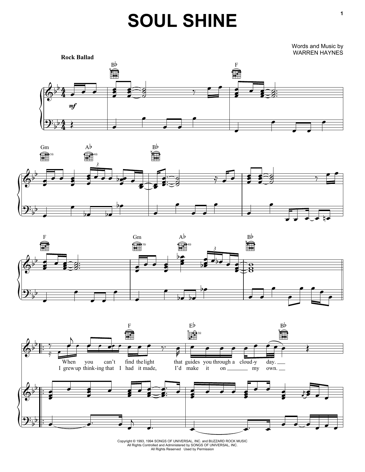 Allman Brothers Band Soul Shine Sheet Music Notes & Chords for Piano, Vocal & Guitar (Right-Hand Melody) - Download or Print PDF