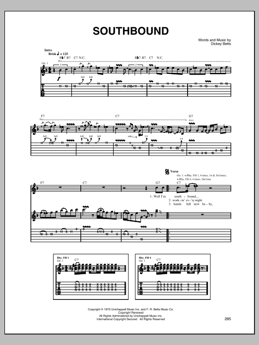 Allman Brothers Band Southbound Sheet Music Notes & Chords for Guitar Tab - Download or Print PDF