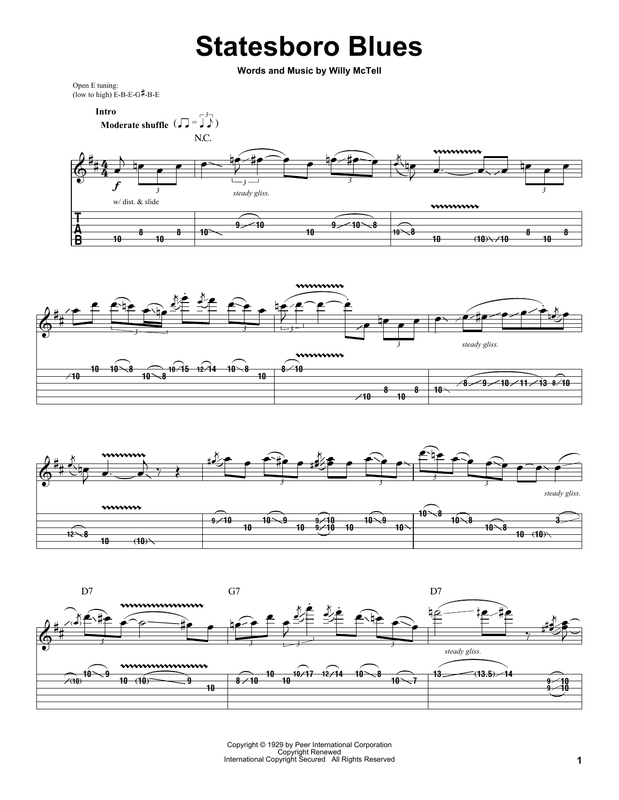 Allman Brothers Band Statesboro Blues Sheet Music Notes & Chords for Guitar Tab Play-Along - Download or Print PDF