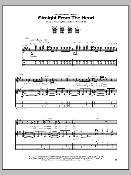 Allman Brothers Band Straight From The Heart Sheet Music Notes & Chords for Guitar Tab - Download or Print PDF Allman Brothers Band Straight From The Heart Sheet Music Notes & Chords for Guitar Tab - Download or Print PDF