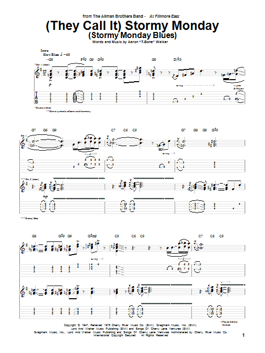 Allman Brothers Band (They Call It) Stormy Monday (Stormy Monday Blues) Sheet Music Notes & Chords for Guitar Tab - Download or Print PDF