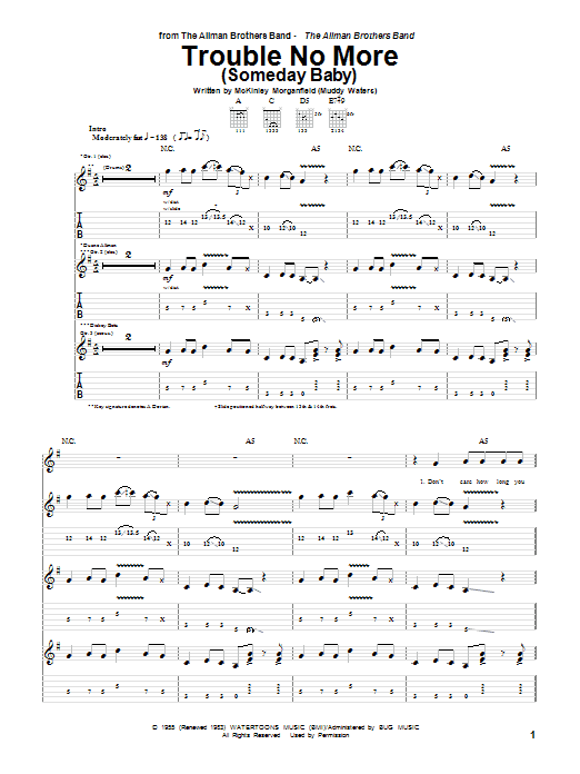 Allman Brothers Band Trouble No More (Someday Baby) Sheet Music Notes & Chords for Guitar Tab - Download or Print PDF