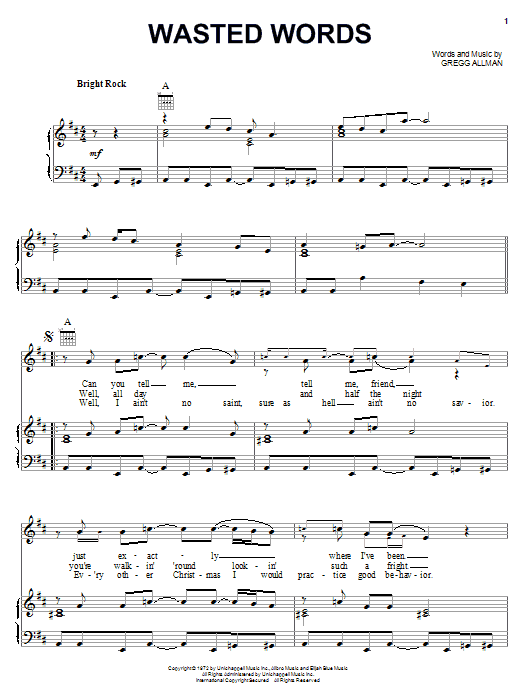 Allman Brothers Band Wasted Words Sheet Music Notes & Chords for Piano, Vocal & Guitar (Right-Hand Melody) - Download or Print PDF