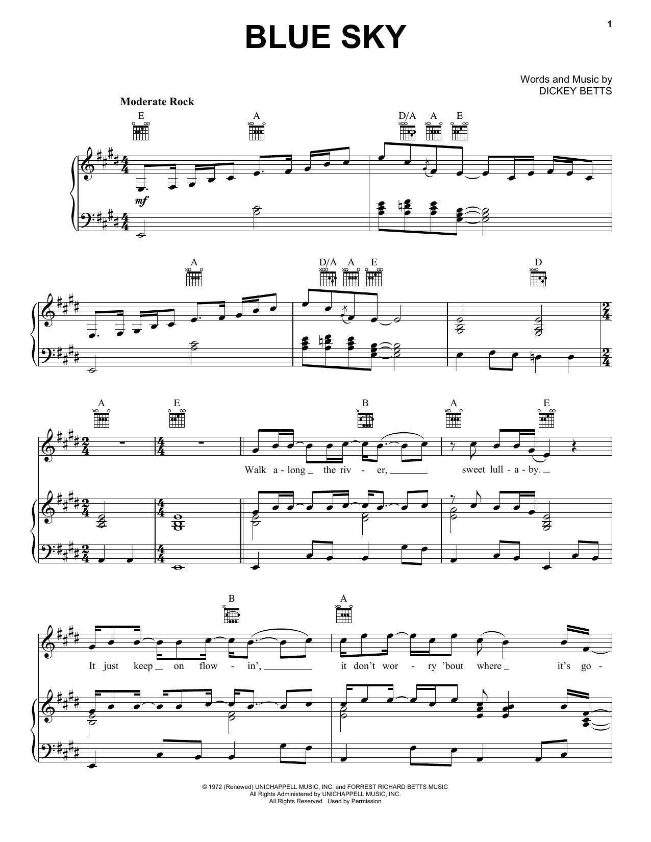 Allman Brothers Blue Sky Sheet Music Notes & Chords for Piano, Vocal & Guitar (Right-Hand Melody) - Download or Print PDF