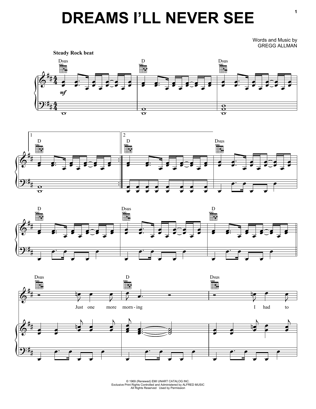 Allman Brothers Dreams I'll Never See Sheet Music Notes & Chords for Piano, Vocal & Guitar (Right-Hand Melody) - Download or Print PDF