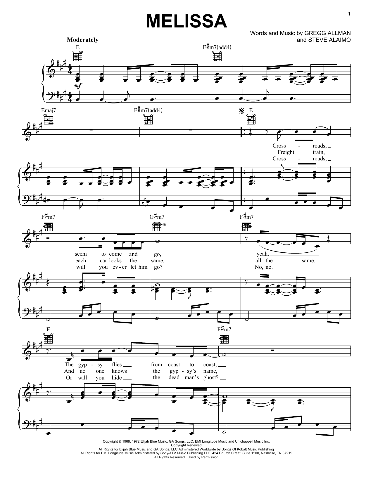 The Allman Brothers Band Melissa Sheet Music Notes & Chords for Guitar Lead Sheet - Download or Print PDF