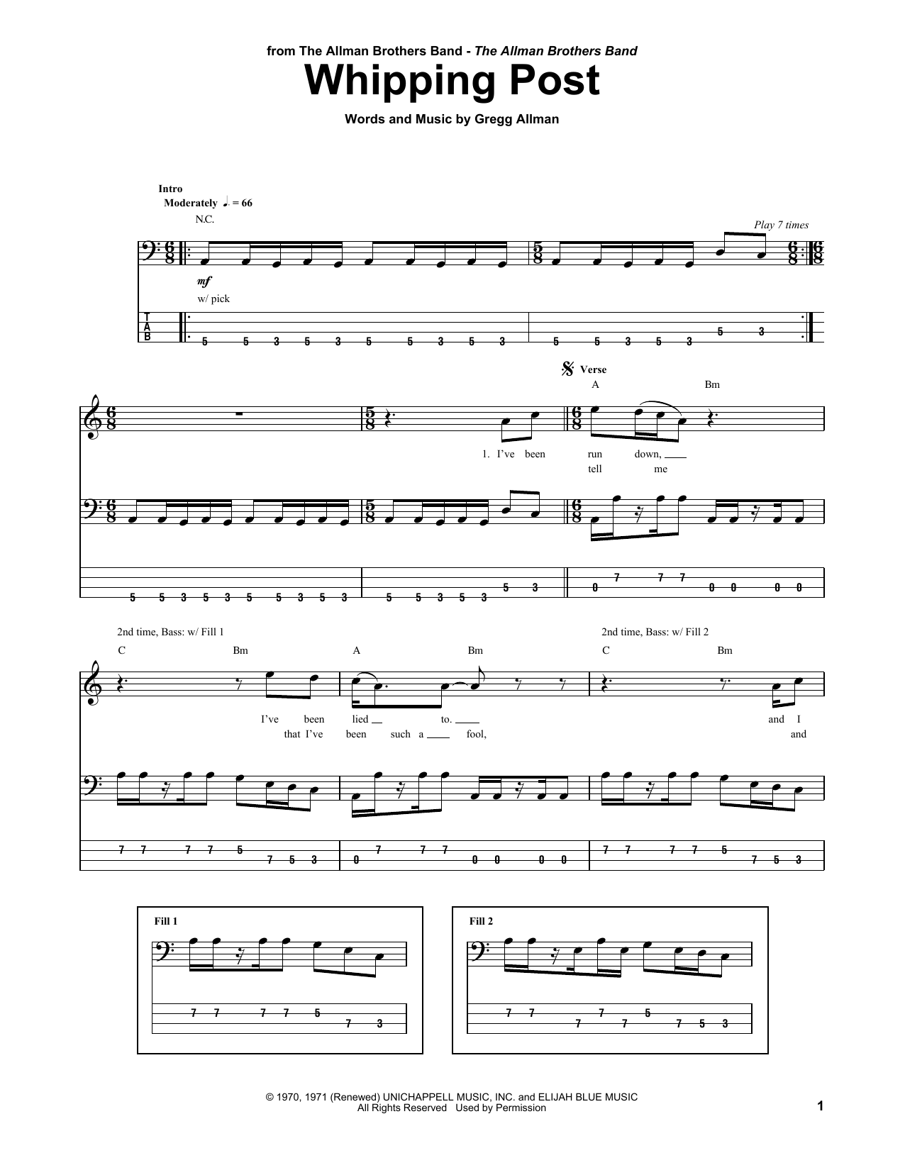 Allman Brothers Whipping Post Sheet Music Notes & Chords for Bass Guitar Tab - Download or Print PDF