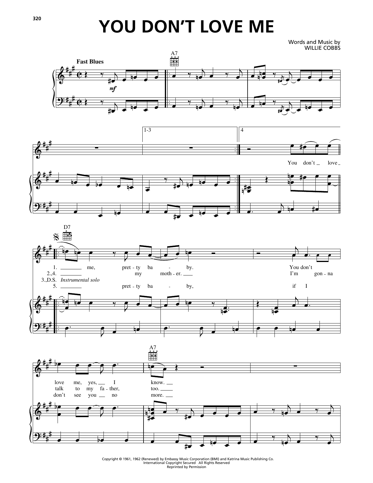 Allman Brothers You Don't Love Me Sheet Music Notes & Chords for Piano, Vocal & Guitar Chords (Right-Hand Melody) - Download or Print PDF