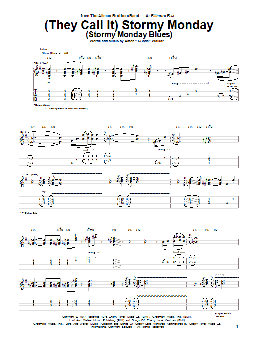 Preview Allman Brothers Band (They Call It) Stormy Monday (Stormy Monday Blues) Pop sheet music, notes and chords for Guitar Tab, SKU: 72825 (They Call It) Stormy Monday (Stormy Monday Blues) sheet music
