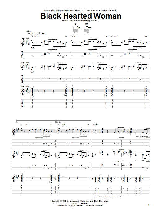 Preview Allman Brothers Band Black Hearted Woman Country sheet music, notes and chords for Guitar Tab, SKU: 72831 Black Hearted Woman sheet music