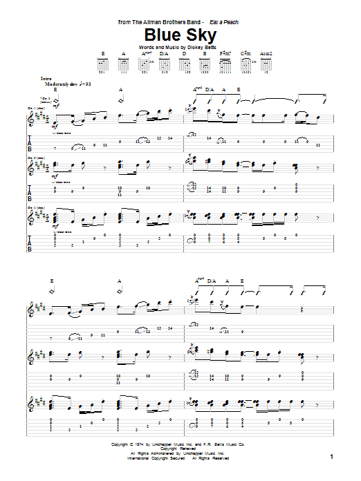 Preview Allman Brothers Band Blue Sky Country sheet music, notes and chords for Guitar Tab, SKU: 72832 Blue Sky sheet music