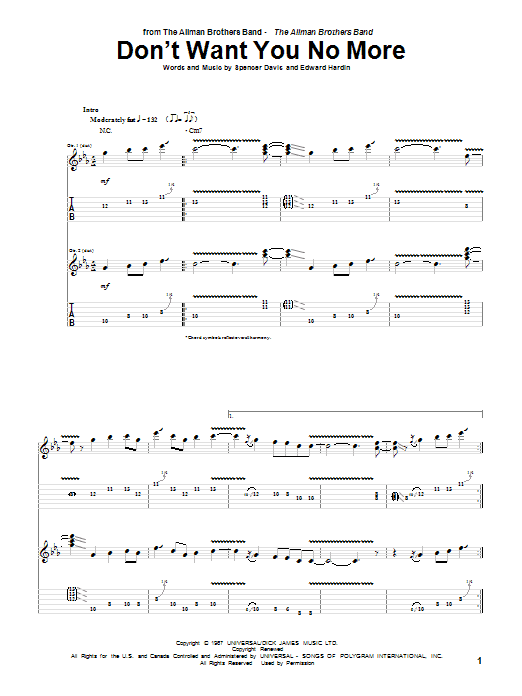 Preview Allman Brothers Band Don't Want You No More Pop sheet music, notes and chords for Guitar Tab, SKU: 72835 Don't Want You No More sheet music