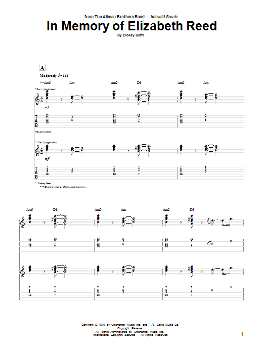 Preview Allman Brothers Band In Memory Of Elizabeth Reed Country sheet music, notes and chords for Guitar Tab, SKU: 72836 In Memory Of Elizabeth Reed sheet music