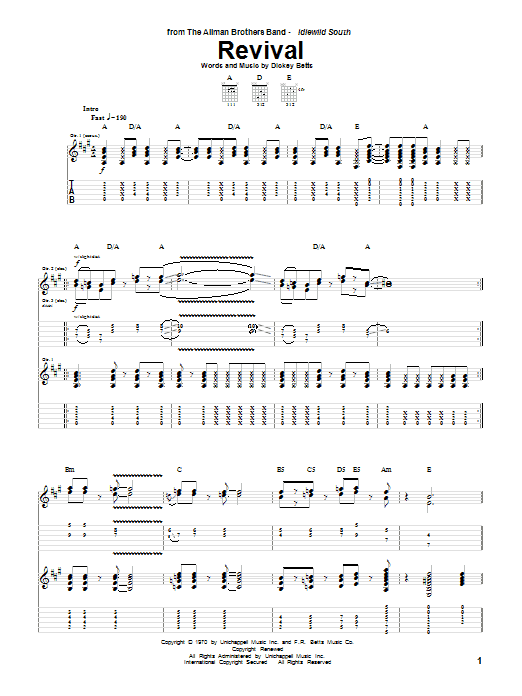 Preview Allman Brothers Band Revival Pop sheet music, notes and chords for Guitar Tab, SKU: 72827 Revival sheet music