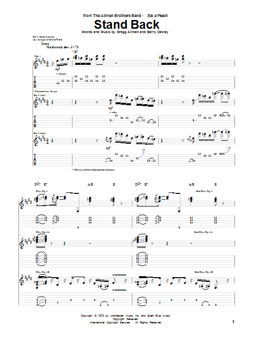 Preview Allman Brothers Band Stand Back Country sheet music, notes and chords for Guitar Tab, SKU: 72826 Stand Back sheet music