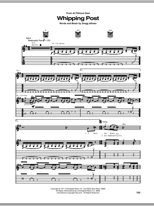 Preview Allman Brothers Band Whipping Post Country sheet music, notes and chords for Guitar Tab Play-Along, SKU: 73062 Whipping Post sheet music