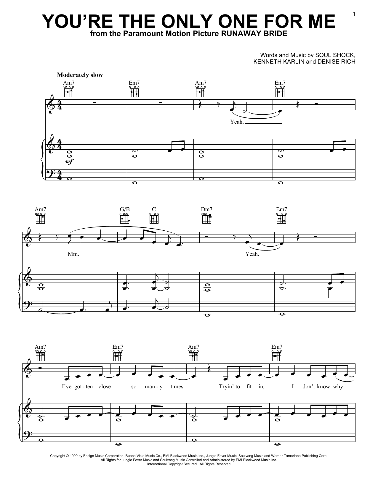 Allure You're The Only One For Me Sheet Music Notes & Chords for Piano, Vocal & Guitar Chords (Right-Hand Melody) - Download or Print PDF