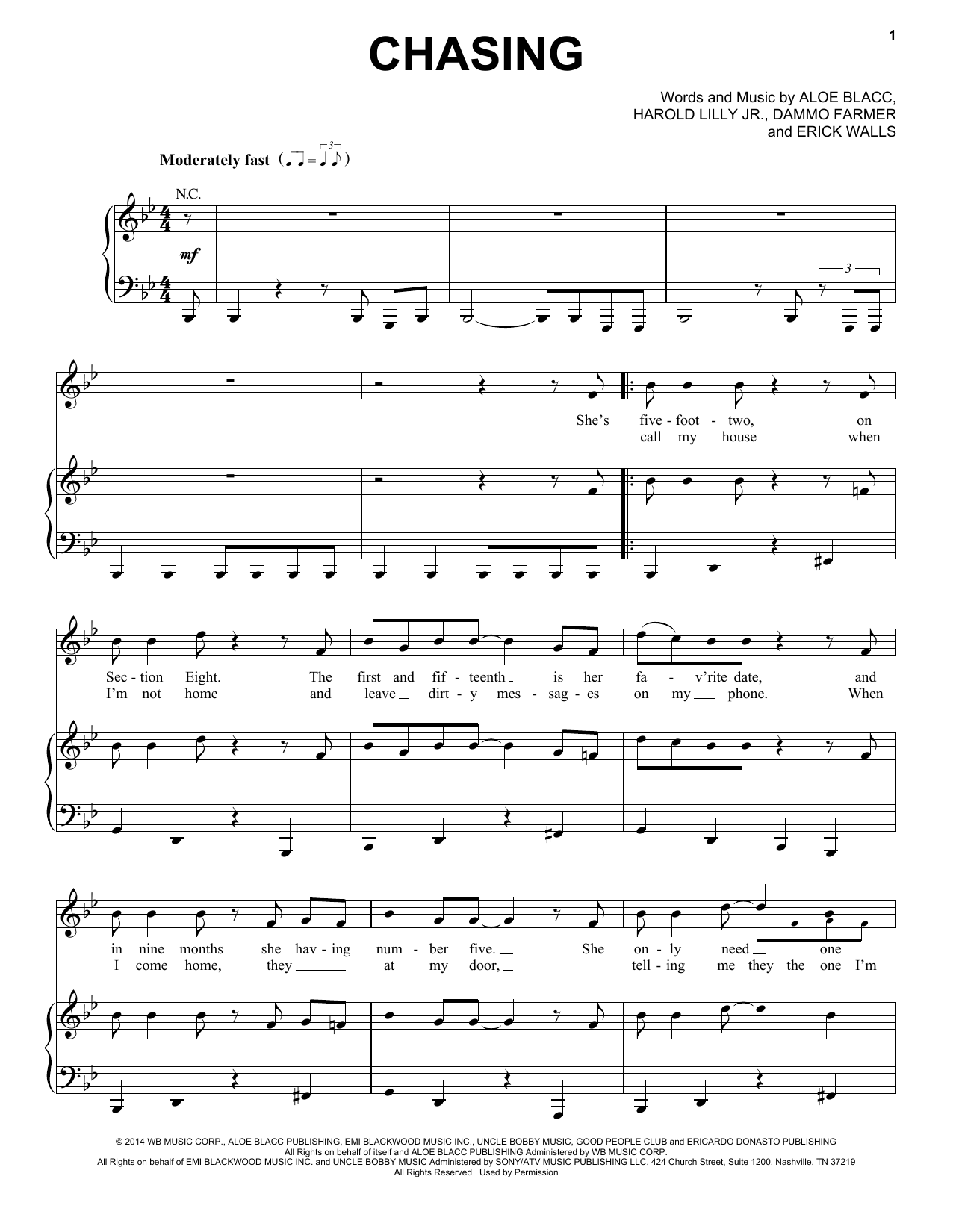 Aloe Blacc Chasing Sheet Music Notes & Chords for Piano, Vocal & Guitar (Right-Hand Melody) - Download or Print PDF