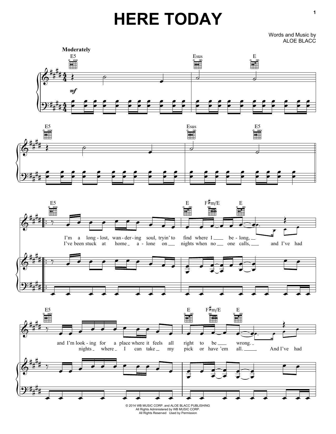 Aloe Blacc Here Today Sheet Music Notes & Chords for Piano, Vocal & Guitar (Right-Hand Melody) - Download or Print PDF