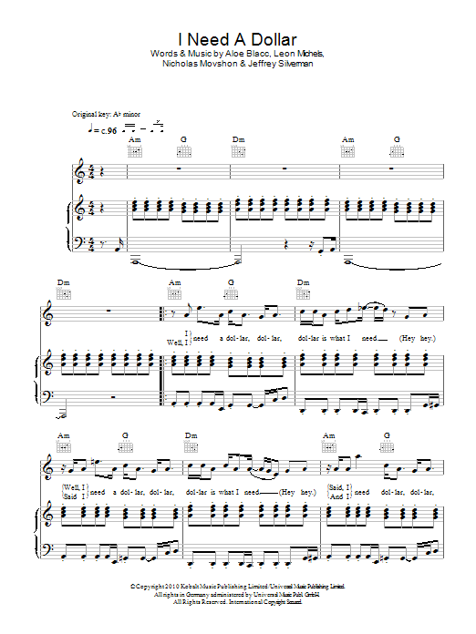 Aloe Blacc I Need A Dollar Sheet Music Notes & Chords for Piano, Vocal & Guitar (Right-Hand Melody) - Download or Print PDF