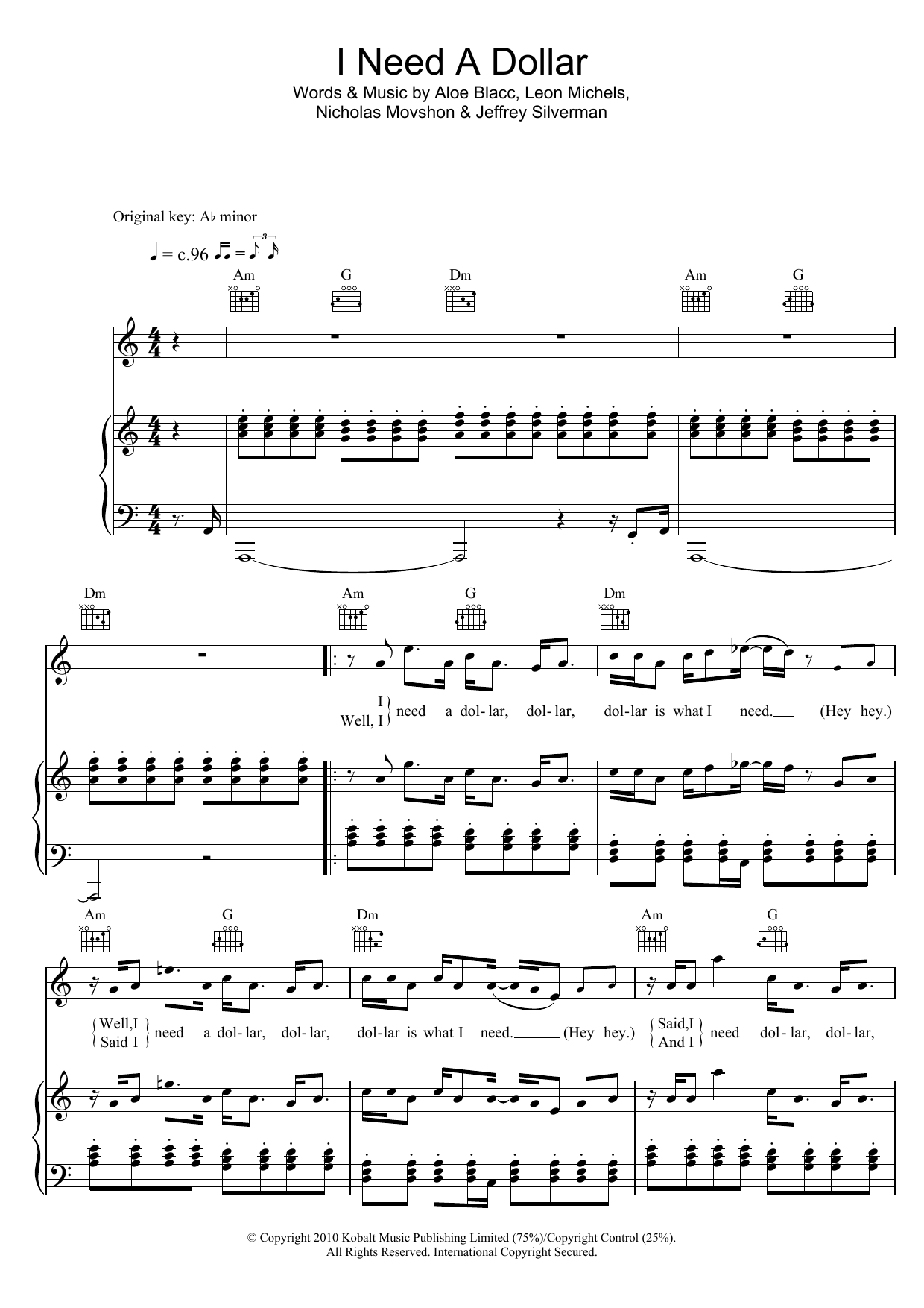Aloe Blacc I Need A Dollar Sheet Music Notes & Chords for Piano, Vocal & Guitar (Right-Hand Melody) - Download or Print PDF