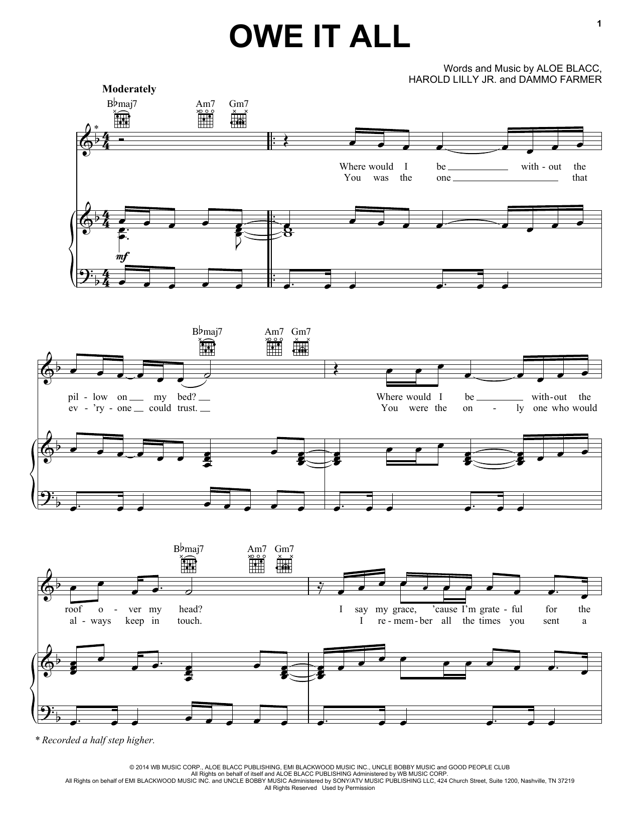 Aloe Blacc Owe It All Sheet Music Notes & Chords for Piano, Vocal & Guitar (Right-Hand Melody) - Download or Print PDF