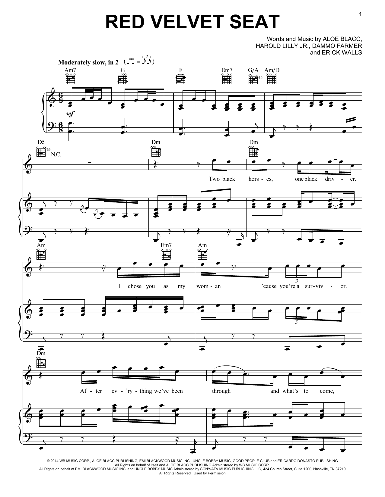 Aloe Blacc Red Velvet Seat Sheet Music Notes & Chords for Piano, Vocal & Guitar (Right-Hand Melody) - Download or Print PDF