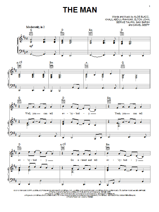 Aloe Blacc The Man Sheet Music Notes & Chords for Piano, Vocal & Guitar (Right-Hand Melody) - Download or Print PDF