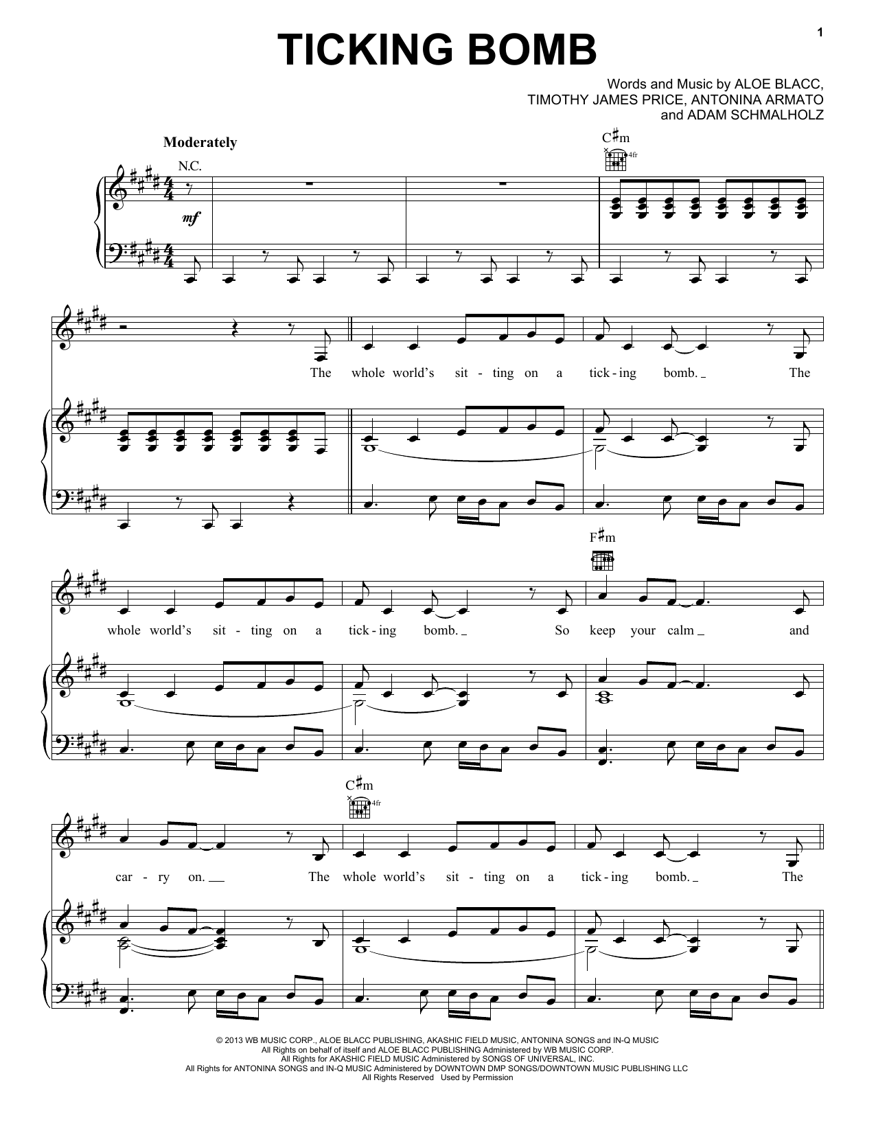 Aloe Blacc Ticking Bomb Sheet Music Notes & Chords for Piano, Vocal & Guitar (Right-Hand Melody) - Download or Print PDF