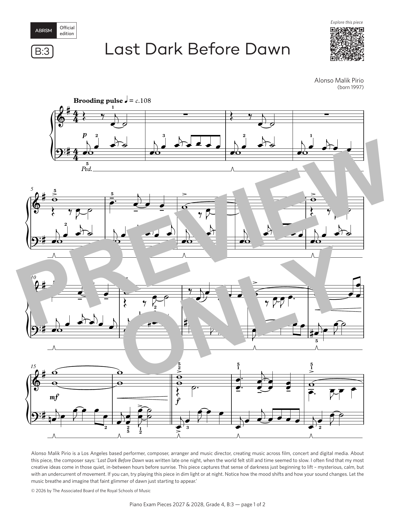 Alonso Malik Pirio Last Dark Before Dawn (Grade 4, list B3, from the ABRSM Piano Syllabus 2027 & 2028) Sheet Music Notes & Chords for Piano Solo - Download or Print PDF
