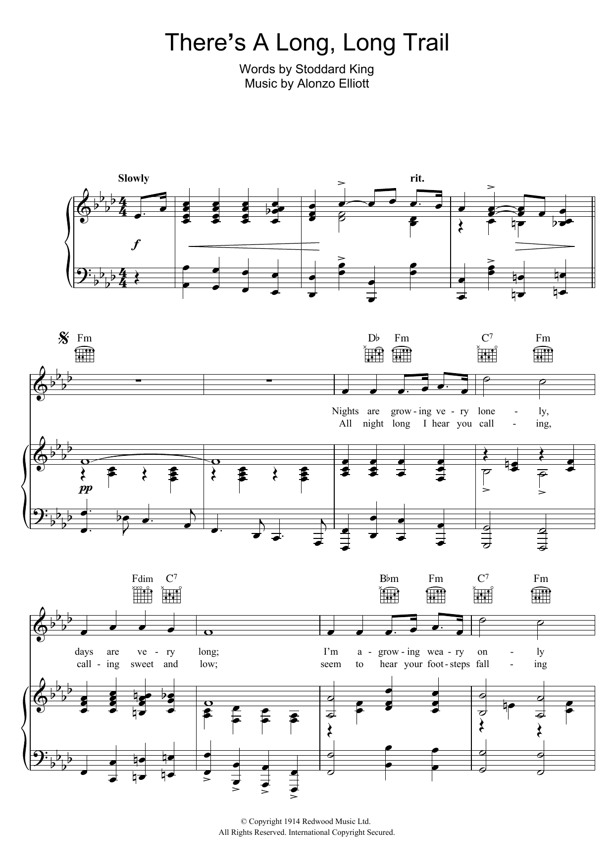 Alonzo Elliott There's A Long, Long Trail Sheet Music Notes & Chords for Piano, Vocal & Guitar (Right-Hand Melody) - Download or Print PDF