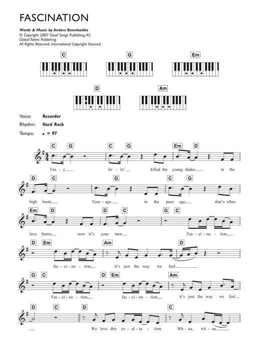 Alphabeat Fascination Sheet Music Notes & Chords for Piano Chords/Lyrics - Download or Print PDF