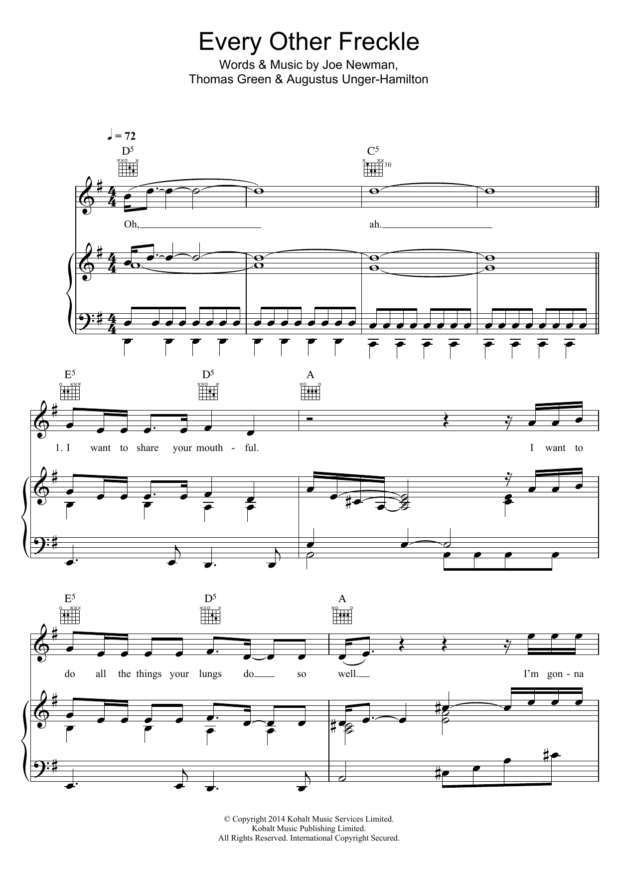 Alt-J Every Other Freckle Sheet Music Notes & Chords for Piano, Vocal & Guitar (Right-Hand Melody) - Download or Print PDF