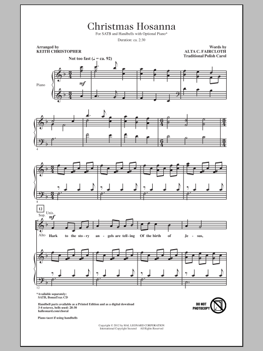 Alta C. Faircloth Christmas Hosanna (arr. Keith Christopher) Sheet Music Notes & Chords for SATB - Download or Print PDF