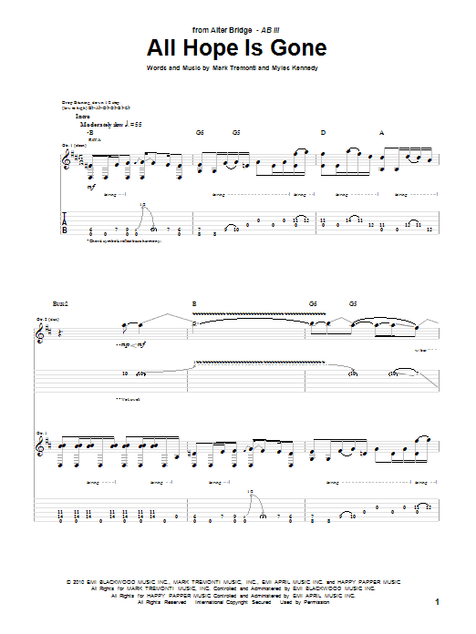 Alter Bridge All Hope Is Gone Sheet Music Notes & Chords for Guitar Tab - Download or Print PDF