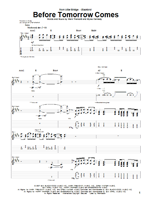 Alter Bridge Before Tomorrow Comes Sheet Music Notes & Chords for Guitar Tab - Download or Print PDF