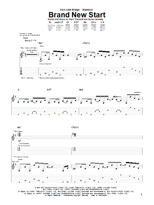 Alter Bridge Brand New Start Sheet Music Notes & Chords for Guitar Tab - Download or Print PDF