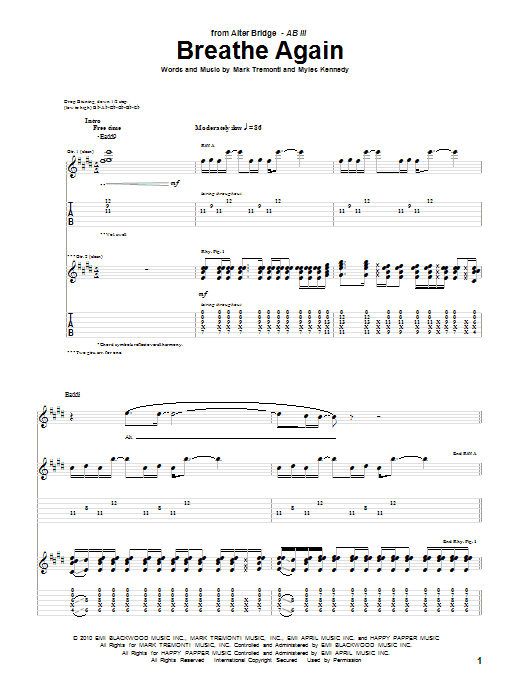 Alter Bridge Breathe Again Sheet Music Notes & Chords for Guitar Tab - Download or Print PDF