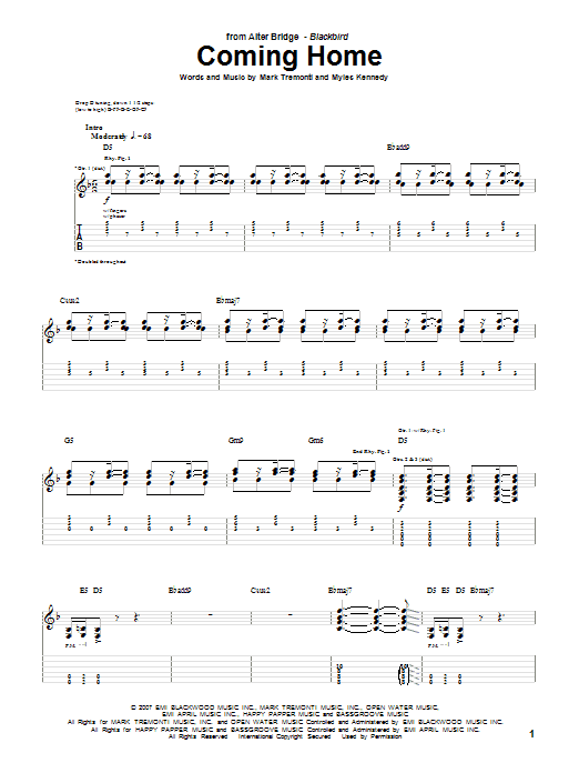 Alter Bridge Coming Home Sheet Music Notes & Chords for Guitar Tab - Download or Print PDF