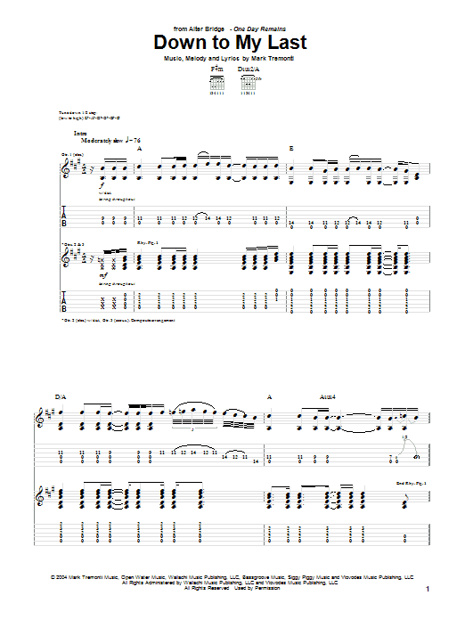 Alter Bridge Down To My Last Sheet Music Notes & Chords for Guitar Tab - Download or Print PDF